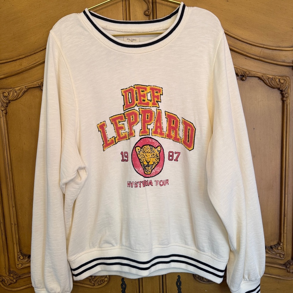 Pilcro Off-White Def Leppard Graphic Sweatshirt with Red & Yellow Logo